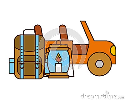 jeep vehicle rucksack and lantern safari equipment supplies Cartoon Illustration
