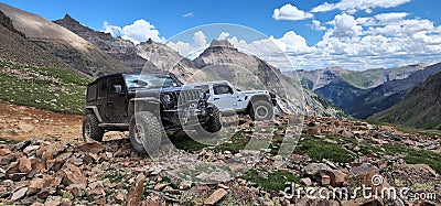 Jeep Wrangler Unlimited and Jeep JK CARS on Yankee Boy Basin Mine mountains Ouray, Colorado Editorial Stock Photo