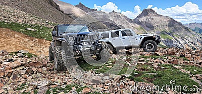 Jeep Wrangler Unlimited and Jeep JK cars on Yankee Boy Mine mountains Ouray, Colorado Editorial Stock Photo