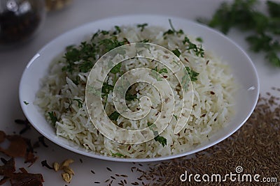 Jeera Bhaat or Jeera Rice. Delicious and aromatic Indian rice dish with basmati rice flavored by cumin seeds and other spices Stock Photo