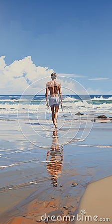 Jeffrey Walking Alone On Beach - Chrome Reflections Style Painting Stock Photo