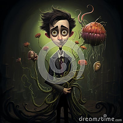 Quirky Illustration: Jeffrey With Carnivorous Plant In Tim Burton Style Stock Photo