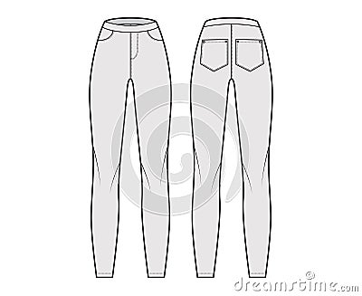 Jeggings technical fashion illustration with normal waist, high rise, full length, angled pockets. Flat Pants bottom Vector Illustration