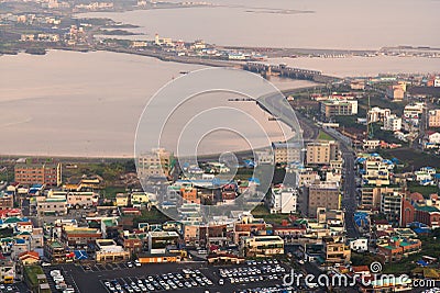 Sunrise cityscape view from Seongsan Ilchulbong peak. Stock Photo