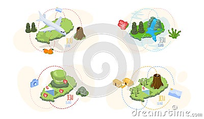Jeju island sights set of four scenes. Travel to South korea. Welcome to Jeju. Vacation in Asia Vector Illustration