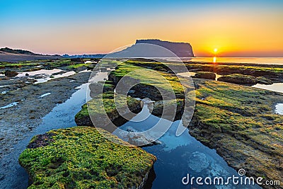 Jeju Island South Korea, Sunrise Seongsan Ilchulbong Stock Photo