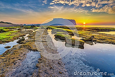 Jeju Island South Korea, Sunrise at Seongsan Ilchulbong Stock Photo