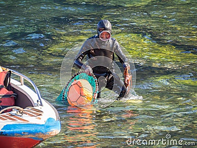 Jeju, South Korea - October 15, 2018: Haenyeo Women Diver Show to collect seaweed, shellfish and other seafood at Seongsan Editorial Stock Photo