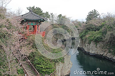 Traditional Pagoda Overlooking the river in Jeju, Korea. Editorial Stock Photo