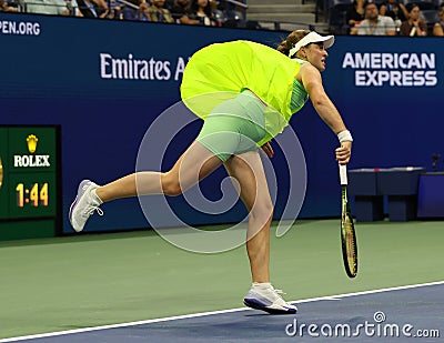 Jelena Ostapenko of Latvia in action during round 4 match against Iga Swiatek of Poland at the 2023 US Open Editorial Stock Photo