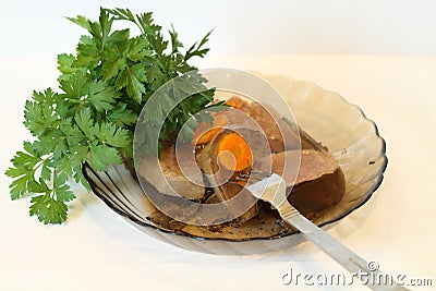Jellied with meat, carrots, parsley, meat filling, horseradish Stock Photo
