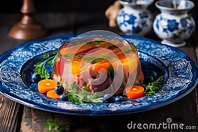 Jellied meat with vegetables beautifully served on a plate, AI Generated Cartoon Illustration