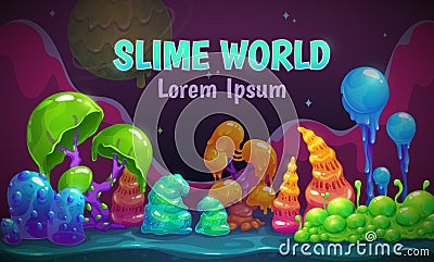 Jelly forest concept. Magic slime world. Fantasy landscape with coloful slimy plants and hills. Vector Illustration