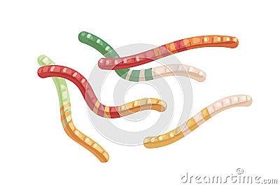 Jelly worms candies. Sweet and sour gummy snakes. Assorted fruit gums composition. Funny gelatin dessert for kids. Yummy Vector Illustration