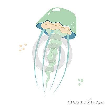 Jellyfish cartoony flat decoration. Hand-drawn poisonous medusa, marine oceanic inhabitant, simple nautical character design. Vector Illustration