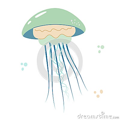 Jellyfish cartoony flat decoration. Hand-drawn poisonous medusa, marine oceanic inhabitant, simple nautical character design. Vector Illustration