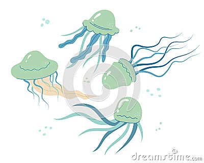 Jellyfish cartoony flat decoration set. Hand-drawn poisonous medusa collection, marine oceanic inhabitants, simple nautical Vector Illustration