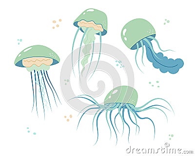 Jellyfish cartoony flat decoration set. Hand-drawn poisonous medusa collection, marine oceanic inhabitants, simple nautical Vector Illustration