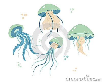 Jellyfish cartoony flat decoration set. Hand-drawn poisonous medusa collection, marine oceanic inhabitants, simple nautical Vector Illustration