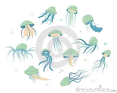 Jellyfish cartoony flat decoration set. Hand-drawn poisonous medusa collection, marine oceanic inhabitants, simple nautical Vector Illustration