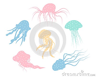 Jellyfish cartoony flat decoration set. Hand-drawn poisonous texturedmedusa, marine oceanic inhabitant, simple nautical character Vector Illustration