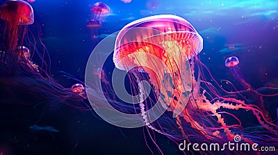 Jellyfish dansing in the dark blue ocean water. Glowing jellyfish swim deep in blue sea Stock Photo