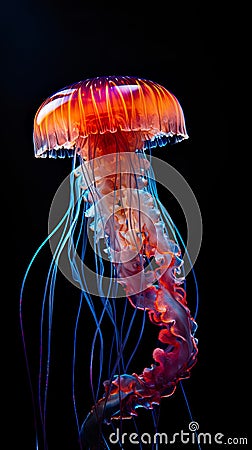 jellyfish medusa gracefully swimming amidst the dark backdrop of the deep ocean. Stock Photo