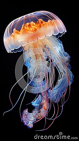 jellyfish medusa gracefully swimming amidst the dark backdrop of the deep ocean. Stock Photo