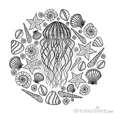 Jellyfish and shells in line art style. Hand drawn vector illust Vector Illustration