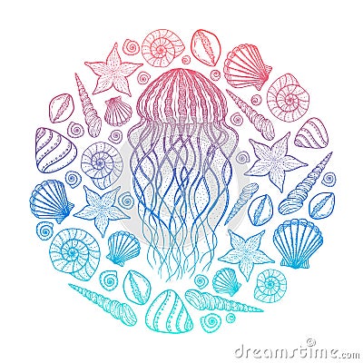 Jellyfish and shells in line art style. Hand drawn vector illustration. Design for coloring book. Set of ocean elements Vector Illustration