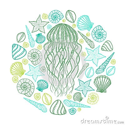 Jellyfish and shells in line art style. Hand drawn vector illustration Vector Illustration