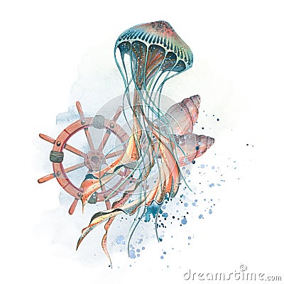 A jellyfish with a steering wheel and seashells. Watercolor illustration. Composition on a white background with spots Cartoon Illustration