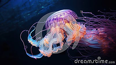 A jellyfish is swimming in the ocean with purple and orange tentacles, AI Stock Photo