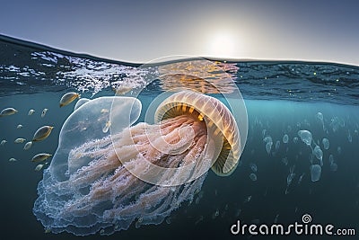 A jellyfish is swimming under water with the light shining on it Stock Photo