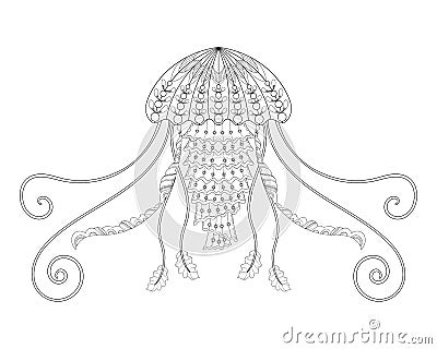 Jellyfish vector illustration. Hand drawn sea animal for adult anti stress coloring book, page in zentangle style. Vector Illustration