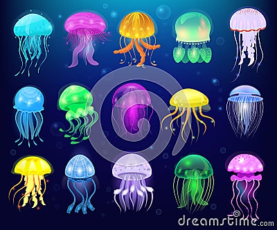 Jellyfish vector ocean jelly-fish or sea-jelly and underwater nettle-fish or medusae illustration set of exotic Vector Illustration