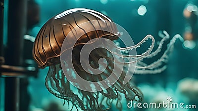 jellyfish in the water Single steampunk Jelly Fish in an aquarium with aqua and teal water Stock Photo