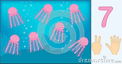 Jellyfishes. Number 7 seven. Learning counting, mathematics. Vector Illustration