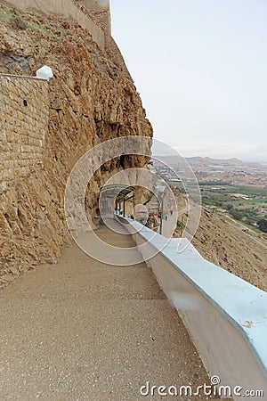 Jericho, Israel. - February 16.2017. View of the Mountain of Temptation and the Convent of Temptation in Jericho. Editorial Stock Photo