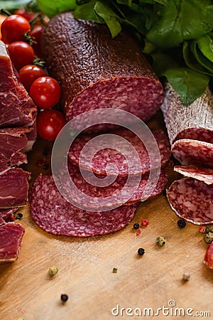 Jerked meat sausage salami selection tasty food Stock Photo