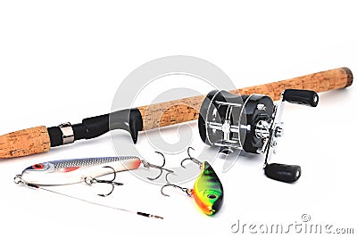 jerkeys spinning and multiplier reel for fishing on a white background close-up Stock Photo