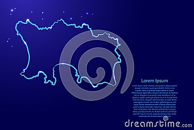 Jersey country map from the contour blue brush lines different thickness and glowing stars on dark background. Vector illustration Cartoon Illustration