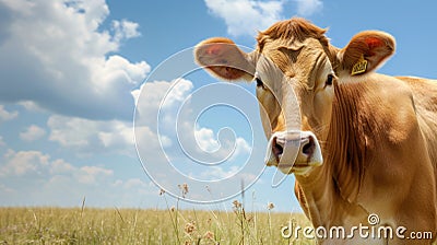 Jersey cow in a field under blue sky. Rural farm animal scene Stock Photo