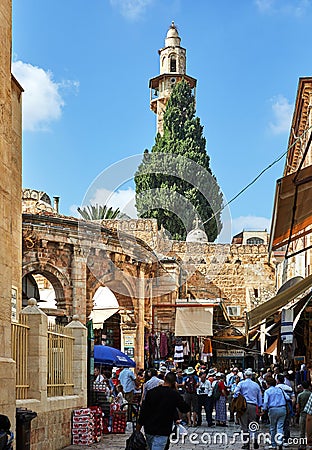 Jerusalem Bazaar in the Christian quarter of Jerusalem next to the Temple of the Holy Sepulcher in the Old City Editorial Stock Photo