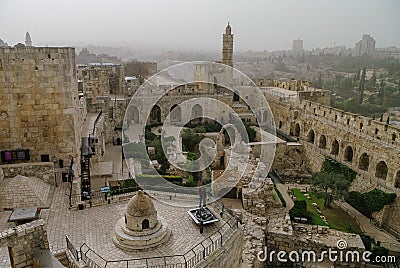 Jerusalem citadel and Tower of David with cityscape in sandstorm Stock Photo