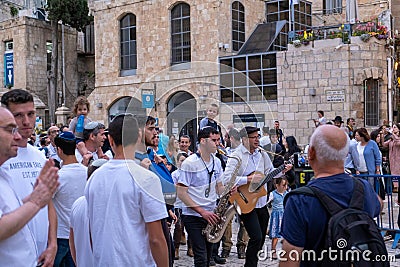 Jerusalem, Israel - 10 April, 2023. Bar Mitzvah, Jewish coming of age ancient ritual for boys Procession with, happy parents, Editorial Stock Photo