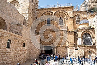 Jerusalem, Israel - 10 April, 2023. Crowd of tourists and pilgrims at the line to enter the church of holy sepulchre Saturday of Editorial Stock Photo