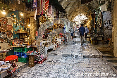 JERUSALEM, ISRAEL - April 2, 2018: east market in old Jerusalem with variety of middle east products and souvenirs. Editorial Stock Photo