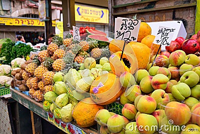 JERUSALEM, ISRAEL - APRIL 2017: Exotic fruits in Israely Market Mahane Yehuda, Jerusalem Editorial Stock Photo