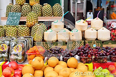 JERUSALEM, ISRAEL - APRIL 2017: Fresh Exotic Fruits on the Eastern Market Stall in Israely Market Mahane Yehuda, Jerusalem Editorial Stock Photo